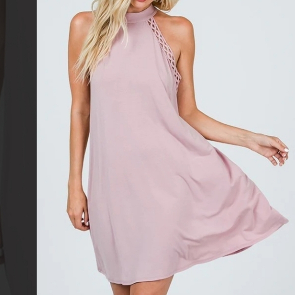 Lulu’s Pink Halter Mini Dress Crochet Large - Picture 1 of 13